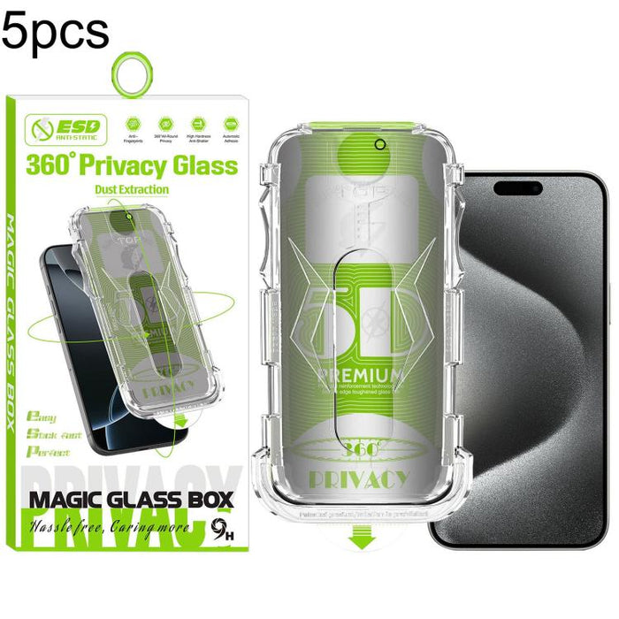 5 unidades de caja curva 5D a prueba de polvo, fácil instalación, con pantalla de vidrio templado de privacidad de borde a borde y 360 grados., For iPhone 17e / 16e / 14 / 13 Pro, For iPhone 17 Pro Max, For iPhone 17 Pro, For iPhone 17 / 16 Pro        ...