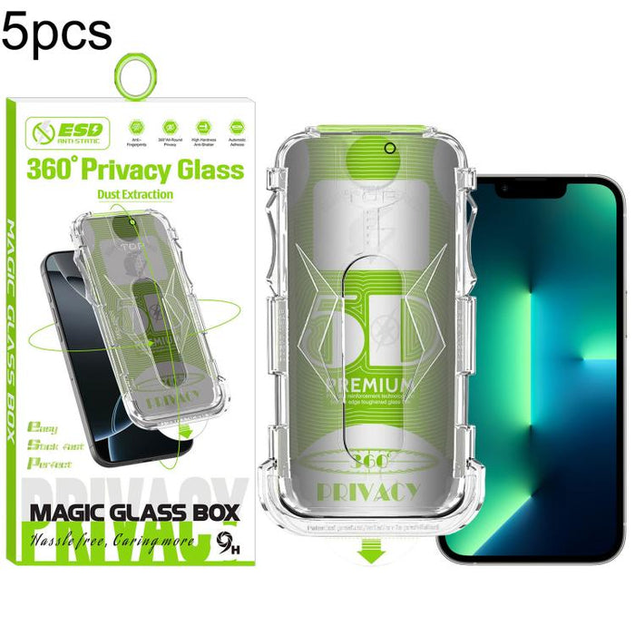 5 unidades de caja curva 5D a prueba de polvo, fácil instalación, con pantalla de vidrio templado de privacidad de borde a borde y 360 grados., For iPhone 17e / 16e / 14 / 13 Pro, For iPhone 17 Pro Max, For iPhone 17 Pro, For iPhone 17 / 16 Pro        ...