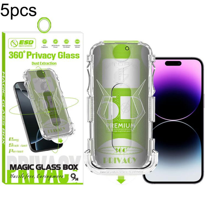 5 unidades de caja curva 5D a prueba de polvo, fácil instalación, con pantalla de vidrio templado de privacidad de borde a borde y 360 grados., For iPhone 17e / 16e / 14 / 13 Pro, For iPhone 17 Pro Max, For iPhone 17 Pro, For iPhone 17 / 16 Pro        ...