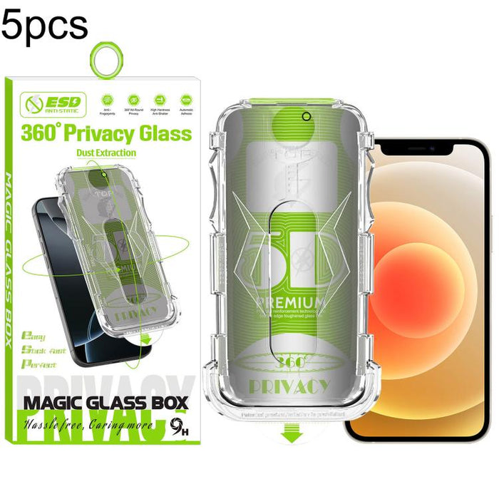 5 unidades de caja curva 5D a prueba de polvo, fácil instalación, con pantalla de vidrio templado de privacidad de borde a borde y 360 grados., For iPhone 17e / 16e / 14 / 13 Pro, For iPhone 17 Pro Max, For iPhone 17 Pro, For iPhone 17 / 16 Pro        ...