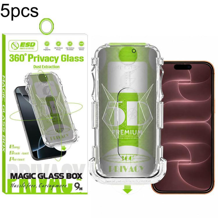 5 unidades de caja curva 5D a prueba de polvo, fácil instalación, con pantalla de vidrio templado de privacidad de borde a borde y 360 grados., For iPhone 17e / 16e / 14 / 13 Pro, For iPhone 17 Pro Max, For iPhone 17 Pro, For iPhone 17 / 16 Pro        ...