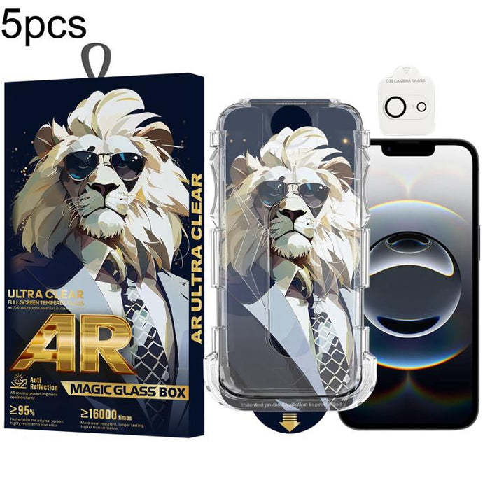5 gafas de sol con diseño de león, fáciles de instalar, con caja a prueba de polvo, película protectora de vidrio templado AR HD y película para lentes., For iPhone 17e / 16e, For iPhone 17 Pro Max, For iPhone 17 Pro, For iPhone 17, For iPhone Air     ...