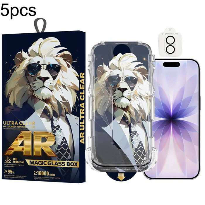 5 gafas de sol con diseño de león, fáciles de instalar, con caja a prueba de polvo, película protectora de vidrio templado AR HD y película para lentes., For iPhone 17e / 16e, For iPhone 17 Pro Max, For iPhone 17 Pro, For iPhone 17, For iPhone Air     ...