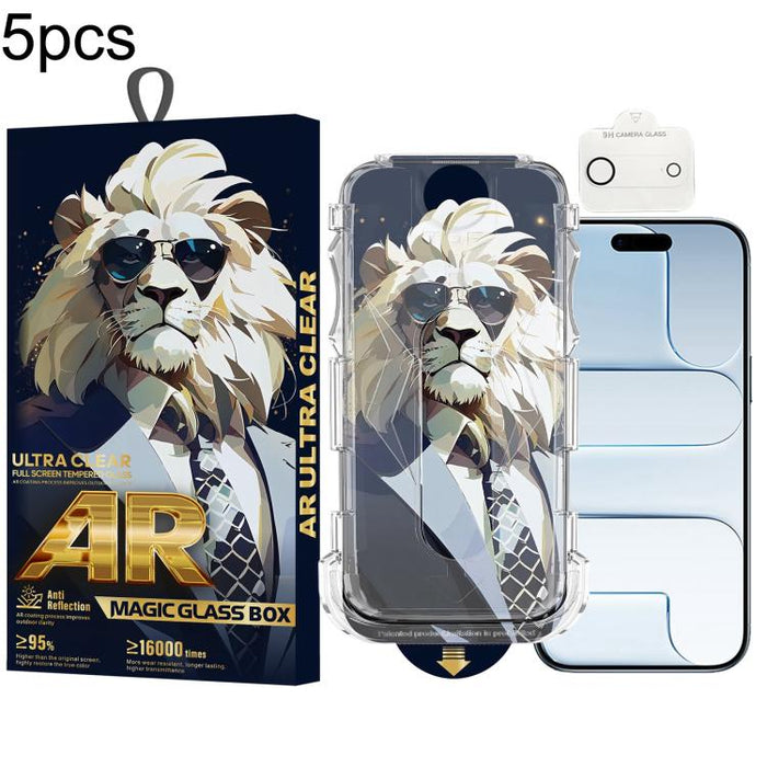 5 gafas de sol con diseño de león, fáciles de instalar, con caja a prueba de polvo, película protectora de vidrio templado AR HD y película para lentes., For iPhone 17e / 16e, For iPhone 17 Pro Max, For iPhone 17 Pro, For iPhone 17, For iPhone Air     ...
