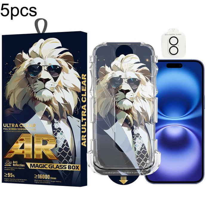 5 gafas de sol con diseño de león, fáciles de instalar, con caja a prueba de polvo, película protectora de vidrio templado AR HD y película para lentes., For iPhone 17e / 16e, For iPhone 17 Pro Max, For iPhone 17 Pro, For iPhone 17, For iPhone Air     ...