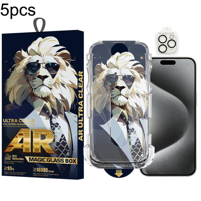 5 gafas de sol con diseño de león, fáciles de instalar, con caja a prueba de polvo, película protectora de vidrio templado AR HD y película para lentes., For iPhone 17e / 16e, For iPhone 17 Pro Max, For iPhone 17 Pro, For iPhone 17, For iPhone Air     ...