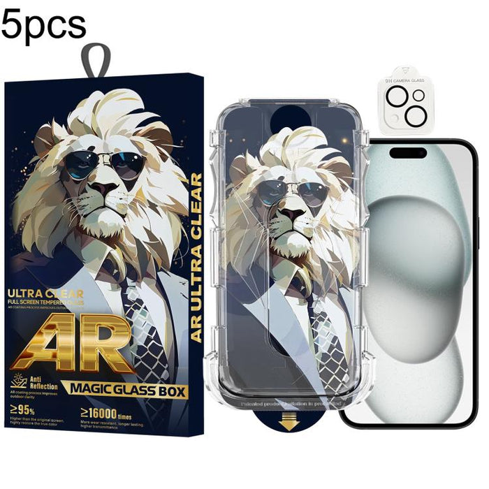 5 gafas de sol con diseño de león, fáciles de instalar, con caja a prueba de polvo, película protectora de vidrio templado AR HD y película para lentes., For iPhone 17e / 16e, For iPhone 17 Pro Max, For iPhone 17 Pro, For iPhone 17, For iPhone Air     ...