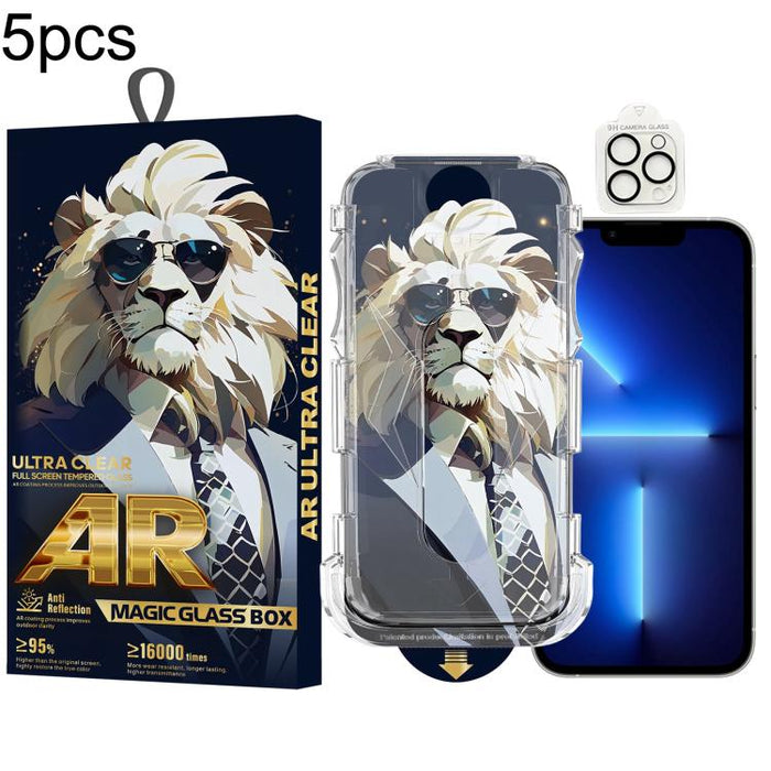 5 gafas de sol con diseño de león, fáciles de instalar, con caja a prueba de polvo, película protectora de vidrio templado AR HD y película para lentes., For iPhone 17e / 16e, For iPhone 17 Pro Max, For iPhone 17 Pro, For iPhone 17, For iPhone Air     ...