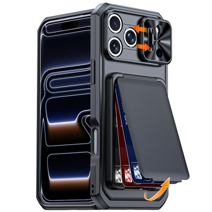 Funda híbrida para teléfono con tarjetero abatible, cubierta deslizante para cámara y carcasa de TPU y PC., For iPhone 17 Pro Max, For iPhone 16 Pro Max, For iPhone 15 Pro Max
