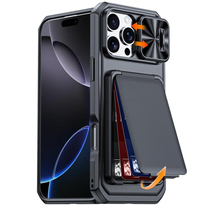 Funda híbrida para teléfono con tarjetero abatible, cubierta deslizante para cámara y carcasa de TPU y PC., For iPhone 17 Pro Max, For iPhone 16 Pro Max, For iPhone 15 Pro Max