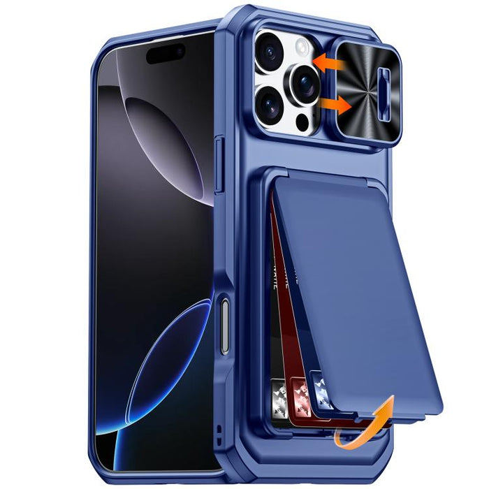 Funda híbrida para teléfono con tarjetero abatible, cubierta deslizante para cámara y carcasa de TPU y PC., For iPhone 17 Pro Max, For iPhone 16 Pro Max, For iPhone 15 Pro Max