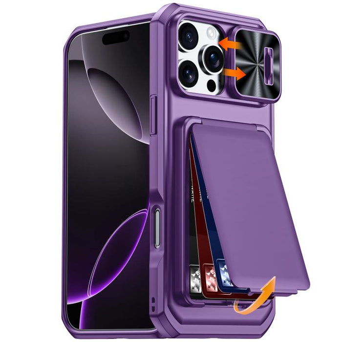 Funda híbrida para teléfono con tarjetero abatible, cubierta deslizante para cámara y carcasa de TPU y PC., For iPhone 17 Pro Max, For iPhone 16 Pro Max, For iPhone 15 Pro Max