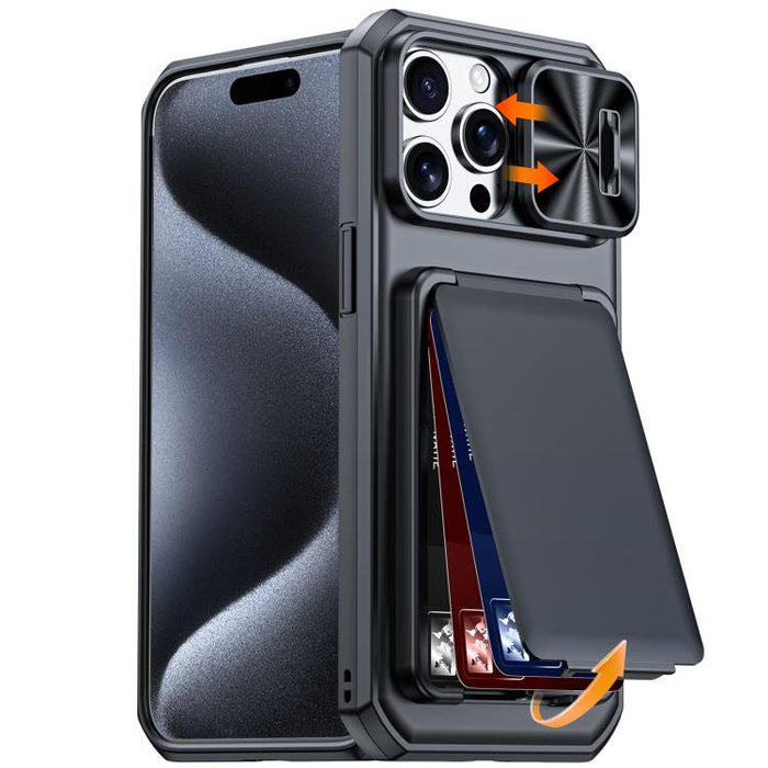 Funda híbrida para teléfono con tarjetero abatible, cubierta deslizante para cámara y carcasa de TPU y PC., For iPhone 17 Pro Max, For iPhone 16 Pro Max, For iPhone 15 Pro Max