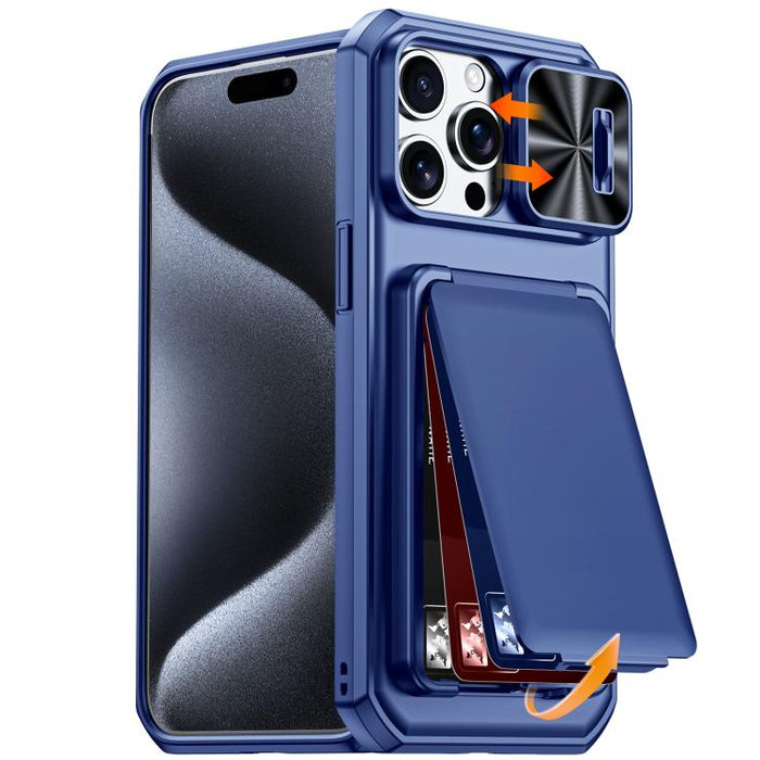 Funda híbrida para teléfono con tarjetero abatible, cubierta deslizante para cámara y carcasa de TPU y PC., For iPhone 17 Pro Max, For iPhone 16 Pro Max, For iPhone 15 Pro Max