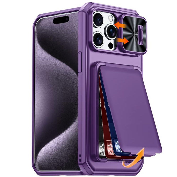 Funda híbrida para teléfono con tarjetero abatible, cubierta deslizante para cámara y carcasa de TPU y PC., For iPhone 17 Pro Max, For iPhone 16 Pro Max, For iPhone 15 Pro Max