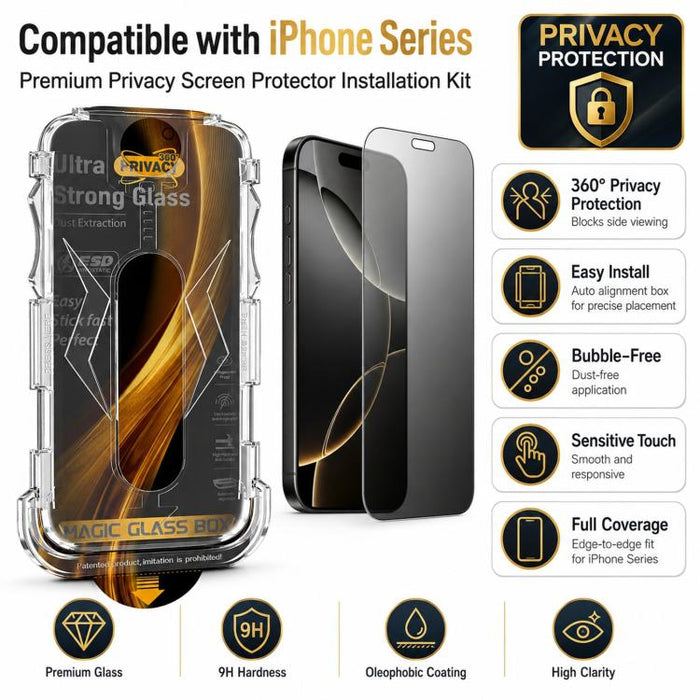 5 unidades de película de vidrio templado de privacidad 360 para caja a prueba de polvo de fácil instalación, For iPhone 17e / 16e / 14 / 13 Pro, For iPhone 17 Pro Max, For iPhone 17 Pro, For iPhone 17 / 16 Pro, For iPhone Air, For iPhone 16 Pro Max   ...