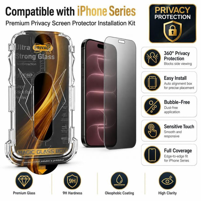 5 unidades de película de vidrio templado de privacidad 360 para caja a prueba de polvo de fácil instalación con película para lente, For iPhone 17e / 16e, For iPhone 17 Pro Max, For iPhone 17 Pro, For iPhone 17, For iPhone Air, For iPhone 16 Pro Max  ...
