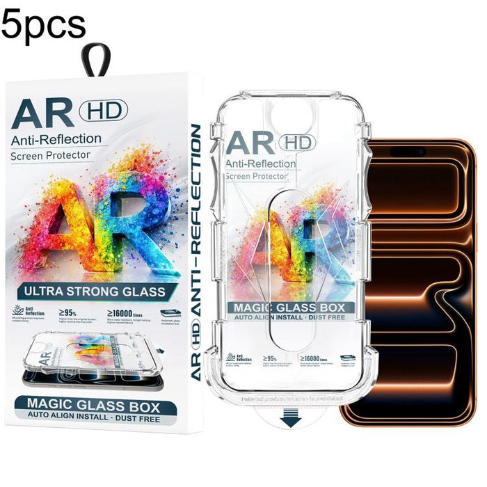 5 unidades de película de vidrio templado AR HD a prueba de polvo para caja de fácil instalación, For iPhone 17e / 16e / 14 / 13 Pro, For iPhone 17 Pro Max, For iPhone 17 Pro, For iPhone 17 / 16 Pro, For iPhone Air, For iPhone 16 Pro Max               ...