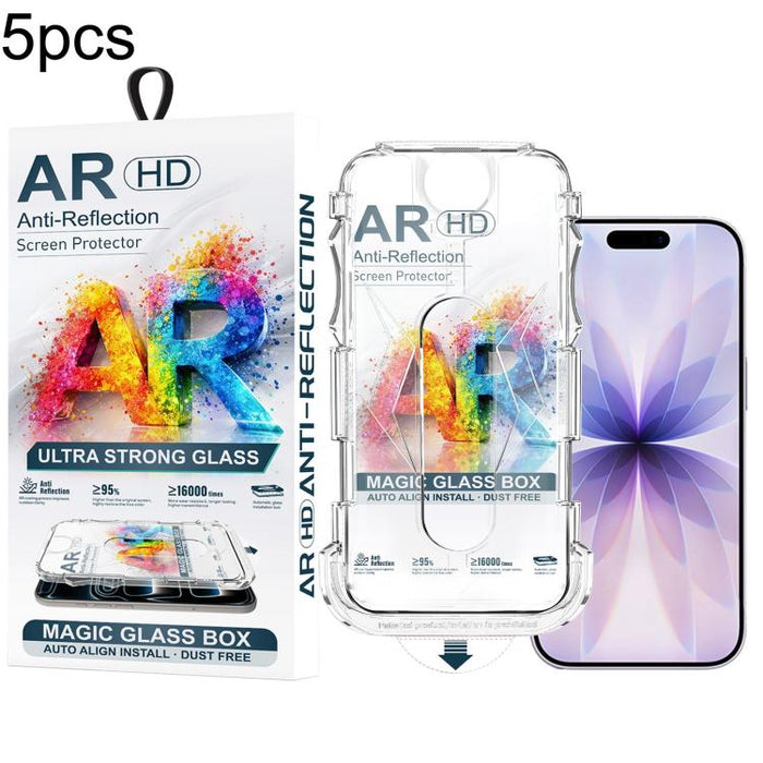 5 unidades de película de vidrio templado AR HD a prueba de polvo para caja de fácil instalación, For iPhone 17e / 16e / 14 / 13 Pro, For iPhone 17 Pro Max, For iPhone 17 Pro, For iPhone 17 / 16 Pro, For iPhone Air, For iPhone 16 Pro Max               ...
