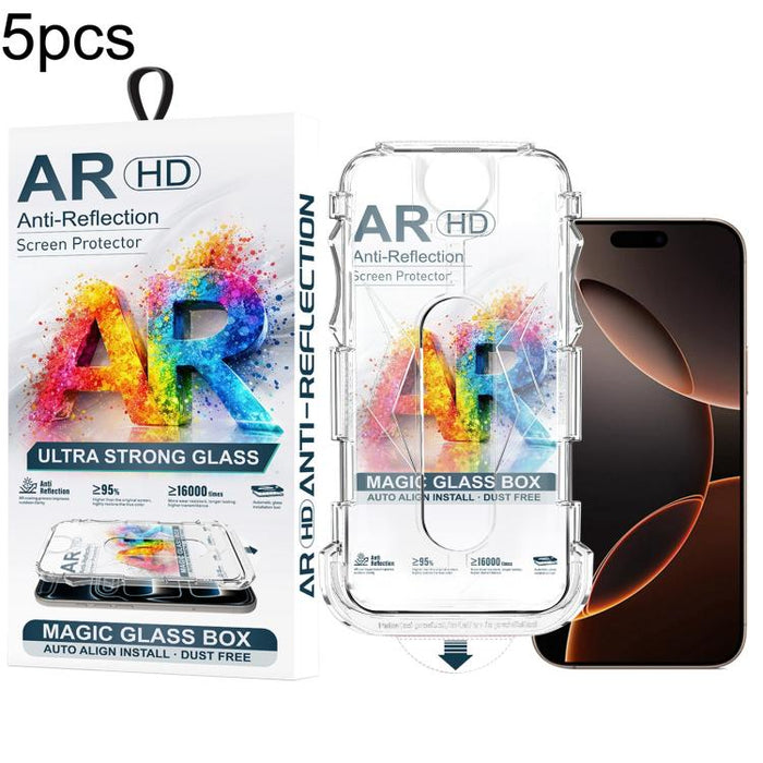 5 unidades de película de vidrio templado AR HD a prueba de polvo para caja de fácil instalación, For iPhone 17e / 16e / 14 / 13 Pro, For iPhone 17 Pro Max, For iPhone 17 Pro, For iPhone 17 / 16 Pro, For iPhone Air, For iPhone 16 Pro Max               ...