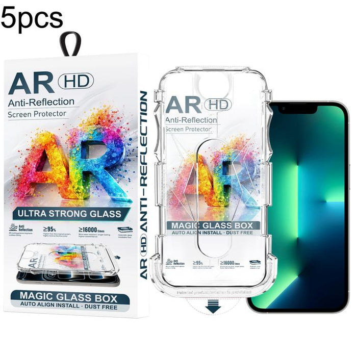5 unidades de película de vidrio templado AR HD a prueba de polvo para caja de fácil instalación, For iPhone 17e / 16e / 14 / 13 Pro, For iPhone 17 Pro Max, For iPhone 17 Pro, For iPhone 17 / 16 Pro, For iPhone Air, For iPhone 16 Pro Max               ...
