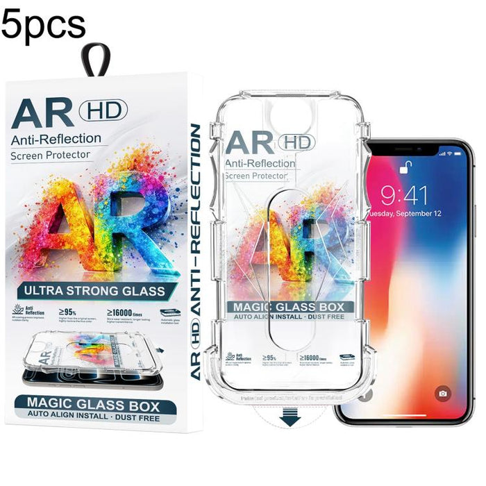 5 unidades de película de vidrio templado AR HD a prueba de polvo para caja de fácil instalación, For iPhone 17e / 16e / 14 / 13 Pro, For iPhone 17 Pro Max, For iPhone 17 Pro, For iPhone 17 / 16 Pro, For iPhone Air, For iPhone 16 Pro Max               ...