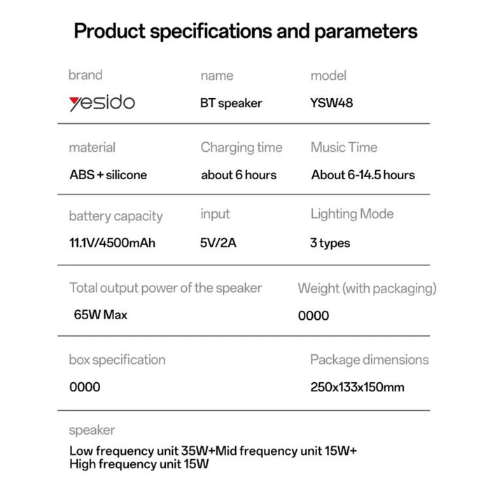 Altavoz Bluetooth portátil de alta potencia Yesido YSW48 de 65 W, YSW48