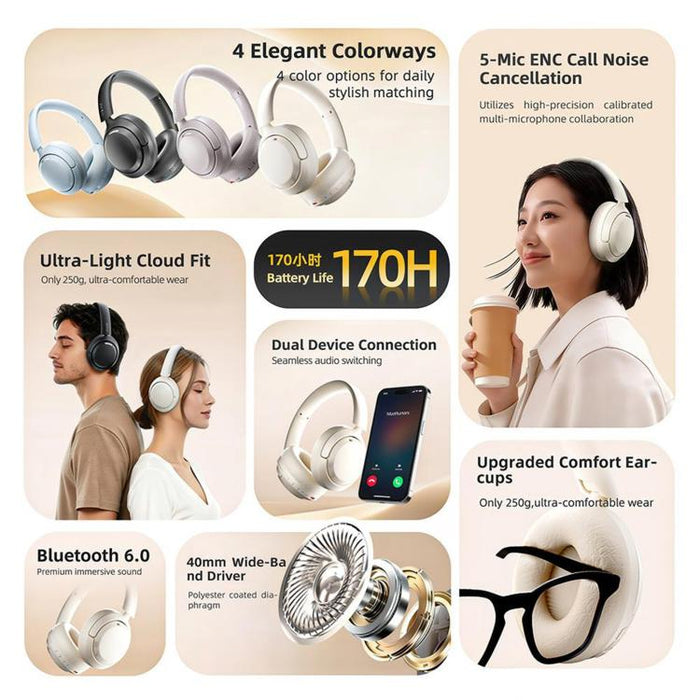 Auriculares inalámbricos Bluetooth V10 con cancelación activa de ruido y ajuste supraaural.