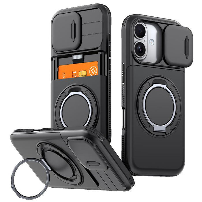 Funda para teléfono con soporte giratorio de 360 grados, ranura para tarjeta y protección deslizante para la cámara., For iPhone 17 Pro Max, For iPhone 17, For iPhone 16 Pro Max