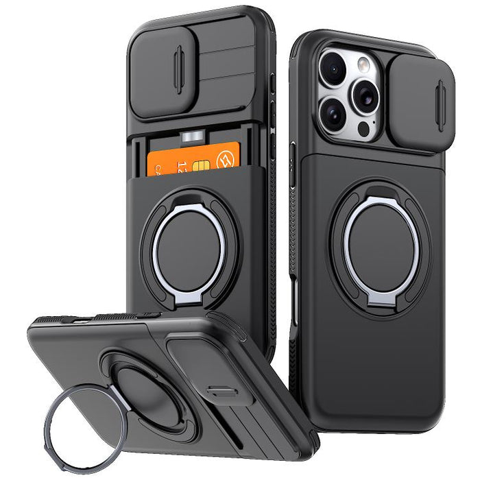 Funda para teléfono con soporte giratorio de 360 grados, ranura para tarjeta y protección deslizante para la cámara., For iPhone 17 Pro Max, For iPhone 17, For iPhone 16 Pro Max