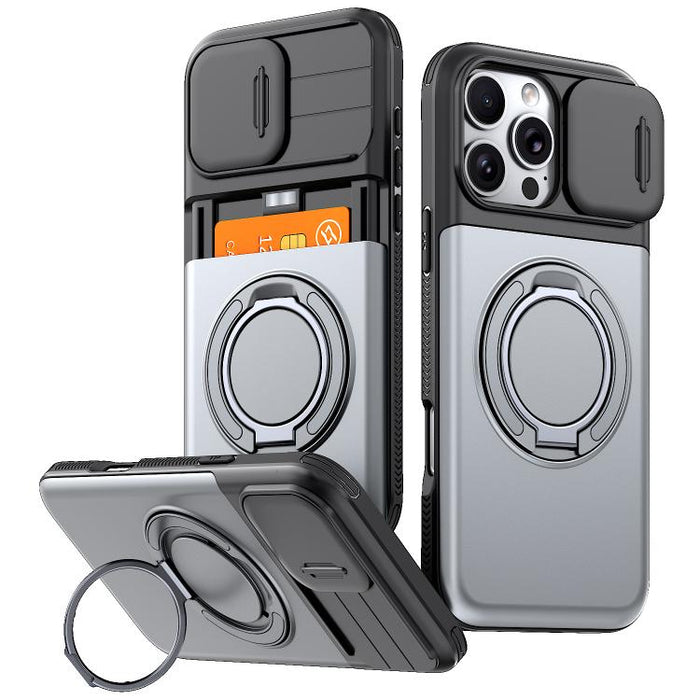 Funda para teléfono con soporte giratorio de 360 grados, ranura para tarjeta y protección deslizante para la cámara., For iPhone 17 Pro Max, For iPhone 17, For iPhone 16 Pro Max