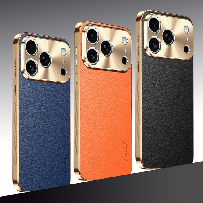 Funda para teléfono de PC + TPU con marco galvanizado y textura de lichi, de cuero vegano., For iPhone 17 Pro Max, For iPhone 17 Pro, For iPhone 17, For iPhone Air