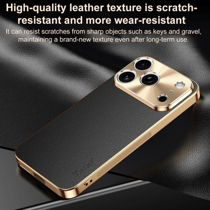 Funda para teléfono de PC + TPU con marco galvanizado y textura de lichi, de cuero vegano., For iPhone 17 Pro Max, For iPhone 17 Pro, For iPhone 17, For iPhone Air