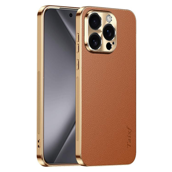 Funda para teléfono de PC + TPU con marco galvanizado y textura de lichi, de cuero vegano., For iPhone 17e / 16e, For iPhone 16 Pro Max, For iPhone 16 Pro, For iPhone 16, For iPhone 15 Pro Max, For iPhone 15 Pro, For iPhone 15