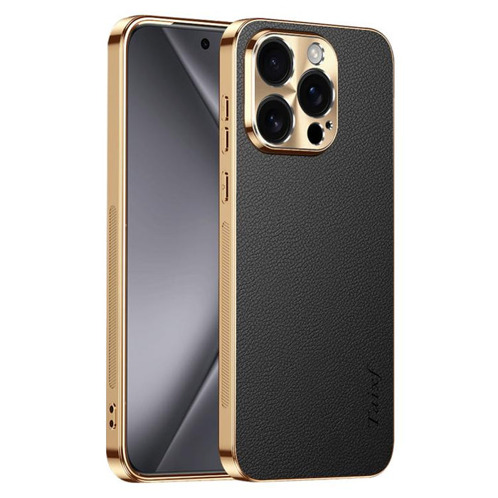 Funda para teléfono de PC + TPU con marco galvanizado y textura de lichi, de cuero vegano., For iPhone 17e / 16e, For iPhone 16 Pro Max, For iPhone 16 Pro, For iPhone 16, For iPhone 15 Pro Max, For iPhone 15 Pro, For iPhone 15