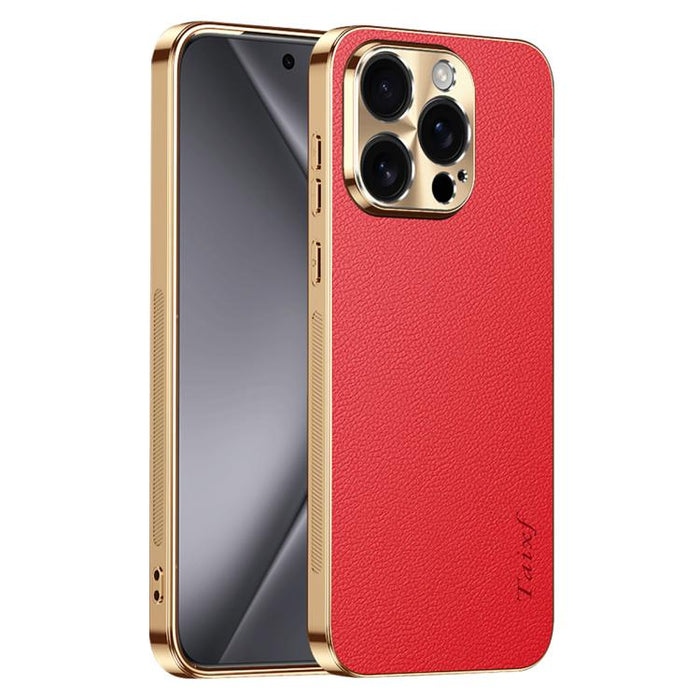 Funda para teléfono de PC + TPU con marco galvanizado y textura de lichi, de cuero vegano., For iPhone 17e / 16e, For iPhone 16 Pro Max, For iPhone 16 Pro, For iPhone 16, For iPhone 15 Pro Max, For iPhone 15 Pro, For iPhone 15