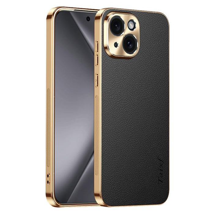 Funda para teléfono de PC + TPU con marco galvanizado y textura de lichi, de cuero vegano., For iPhone 17e / 16e, For iPhone 16 Pro Max, For iPhone 16 Pro, For iPhone 16, For iPhone 15 Pro Max, For iPhone 15 Pro, For iPhone 15
