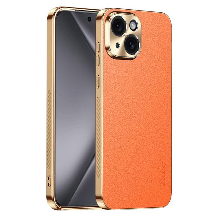 Funda para teléfono de PC + TPU con marco galvanizado y textura de lichi, de cuero vegano., For iPhone 17e / 16e, For iPhone 16 Pro Max, For iPhone 16 Pro, For iPhone 16, For iPhone 15 Pro Max, For iPhone 15 Pro, For iPhone 15
