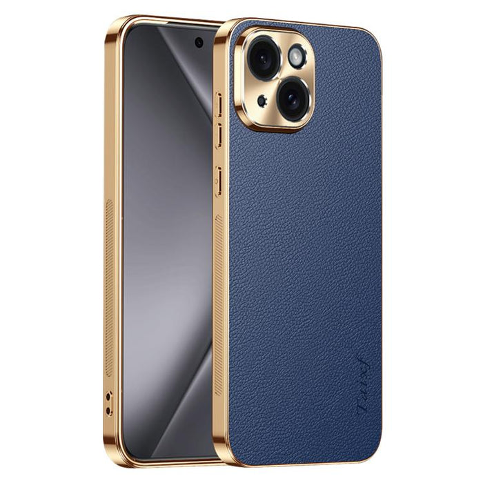 Funda para teléfono de PC + TPU con marco galvanizado y textura de lichi, de cuero vegano., For iPhone 17e / 16e, For iPhone 16 Pro Max, For iPhone 16 Pro, For iPhone 16, For iPhone 15 Pro Max, For iPhone 15 Pro, For iPhone 15