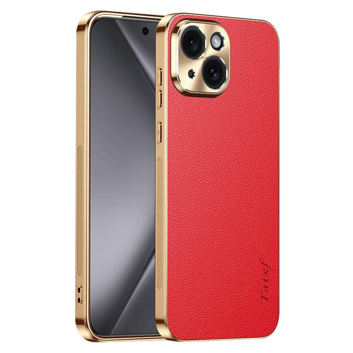 Funda para teléfono de PC + TPU con marco galvanizado y textura de lichi, de cuero vegano., For iPhone 17e / 16e, For iPhone 16 Pro Max, For iPhone 16 Pro, For iPhone 16, For iPhone 15 Pro Max, For iPhone 15 Pro, For iPhone 15