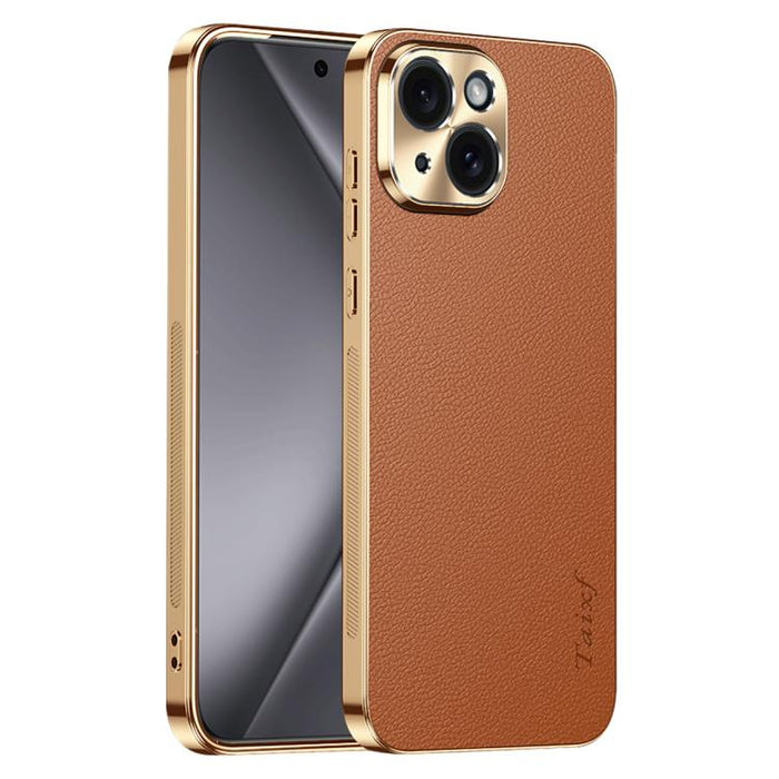 Funda para teléfono de PC + TPU con marco galvanizado y textura de lichi, de cuero vegano., For iPhone 17e / 16e, For iPhone 16 Pro Max, For iPhone 16 Pro, For iPhone 16, For iPhone 15 Pro Max, For iPhone 15 Pro, For iPhone 15