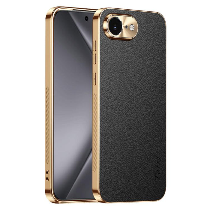 Funda para teléfono de PC + TPU con marco galvanizado y textura de lichi, de cuero vegano., For iPhone 17e / 16e, For iPhone 16 Pro Max, For iPhone 16 Pro, For iPhone 16, For iPhone 15 Pro Max, For iPhone 15 Pro, For iPhone 15