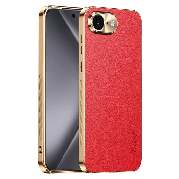 Funda para teléfono de PC + TPU con marco galvanizado y textura de lichi, de cuero vegano., For iPhone 17e / 16e, For iPhone 16 Pro Max, For iPhone 16 Pro, For iPhone 16, For iPhone 15 Pro Max, For iPhone 15 Pro, For iPhone 15