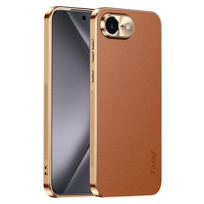 Funda para teléfono de PC + TPU con marco galvanizado y textura de lichi, de cuero vegano., For iPhone 17e / 16e, For iPhone 16 Pro Max, For iPhone 16 Pro, For iPhone 16, For iPhone 15 Pro Max, For iPhone 15 Pro, For iPhone 15