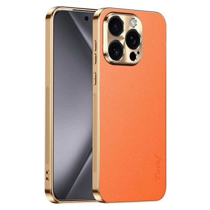 Funda para teléfono de PC + TPU con marco galvanizado y textura de lichi, de cuero vegano., For iPhone 17e / 16e, For iPhone 16 Pro Max, For iPhone 16 Pro, For iPhone 16, For iPhone 15 Pro Max, For iPhone 15 Pro, For iPhone 15