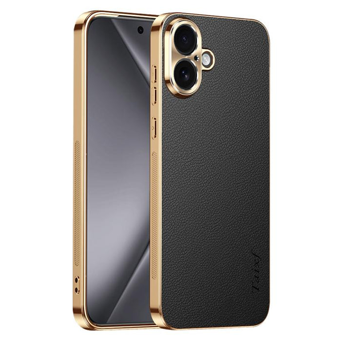 Funda para teléfono de PC + TPU con marco galvanizado y textura de lichi, de cuero vegano., For iPhone 17e / 16e, For iPhone 16 Pro Max, For iPhone 16 Pro, For iPhone 16, For iPhone 15 Pro Max, For iPhone 15 Pro, For iPhone 15