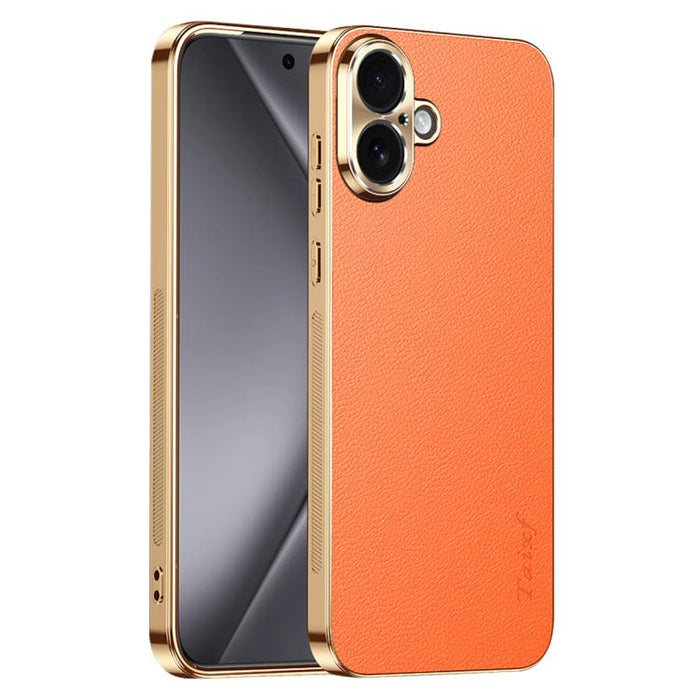 Funda para teléfono de PC + TPU con marco galvanizado y textura de lichi, de cuero vegano., For iPhone 17e / 16e, For iPhone 16 Pro Max, For iPhone 16 Pro, For iPhone 16, For iPhone 15 Pro Max, For iPhone 15 Pro, For iPhone 15