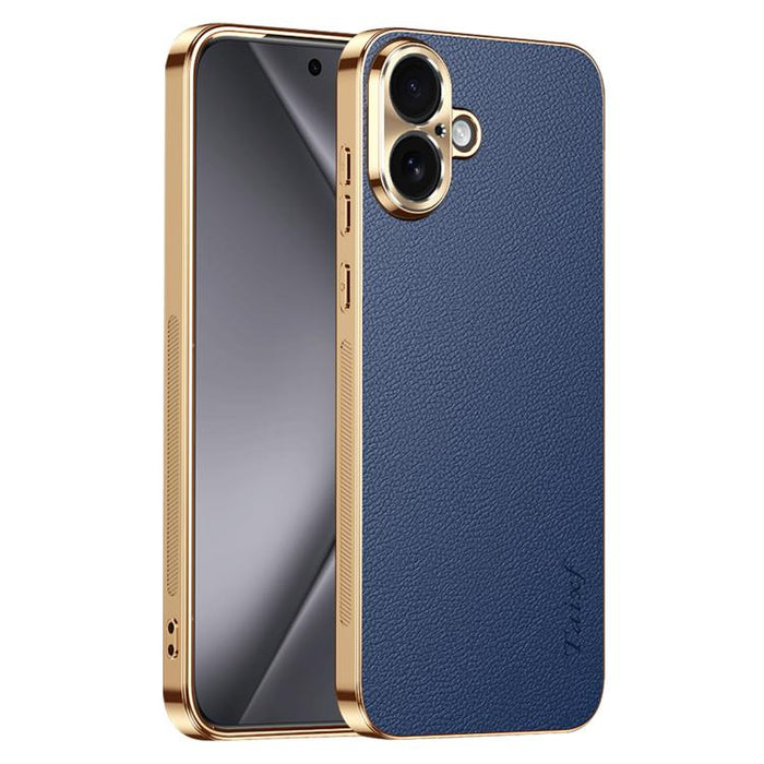 Funda para teléfono de PC + TPU con marco galvanizado y textura de lichi, de cuero vegano., For iPhone 17e / 16e, For iPhone 16 Pro Max, For iPhone 16 Pro, For iPhone 16, For iPhone 15 Pro Max, For iPhone 15 Pro, For iPhone 15