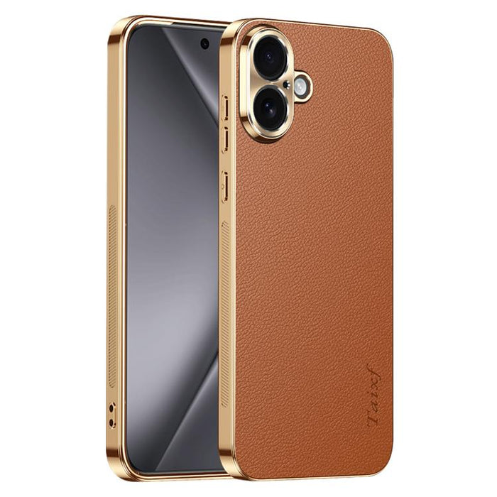 Funda para teléfono de PC + TPU con marco galvanizado y textura de lichi, de cuero vegano., For iPhone 17e / 16e, For iPhone 16 Pro Max, For iPhone 16 Pro, For iPhone 16, For iPhone 15 Pro Max, For iPhone 15 Pro, For iPhone 15