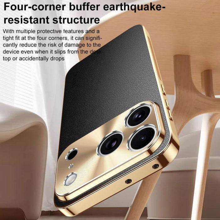 Funda para teléfono de PC + TPU con marco galvanizado y textura de lichi, de cuero vegano., For iPhone 17e / 16e, For iPhone 16 Pro Max, For iPhone 16 Pro, For iPhone 16, For iPhone 15 Pro Max, For iPhone 15 Pro, For iPhone 15